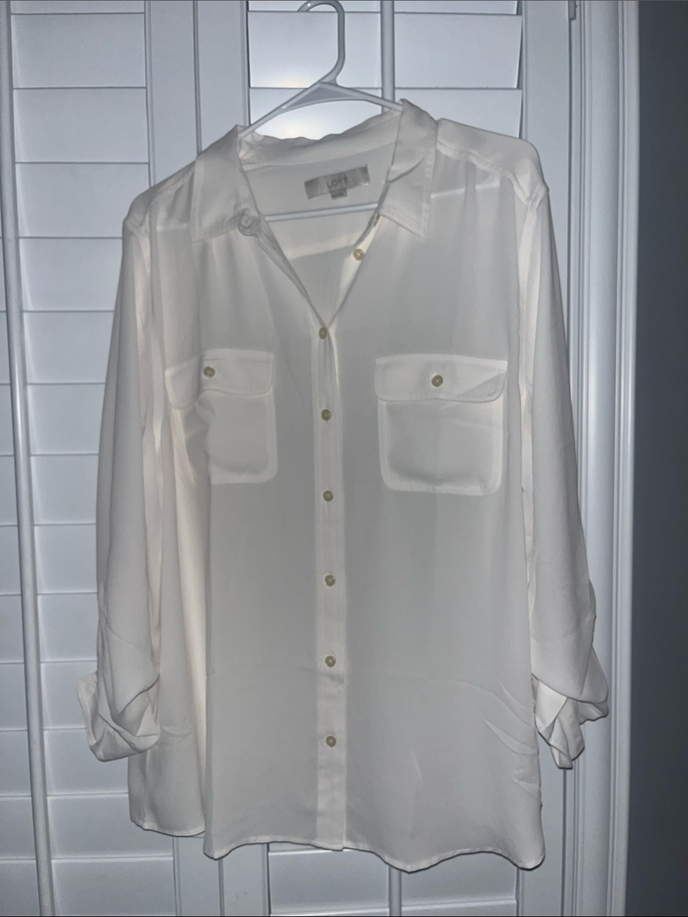 LOFT Cream Long-Sleeve Button Front Utility Shirt